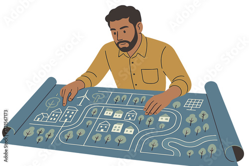 A close-up of an urban planner examining blueprints for a sustainable city development project, set in an urban planning context with a sustainable urbanism aesthetic