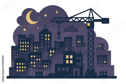 Miniature nighttime cityscape featuring a crane