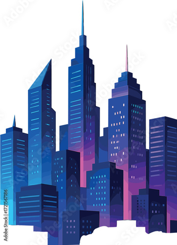 Nighttime glowing cityscape of a futuristic metropolis with towering skyscrapers