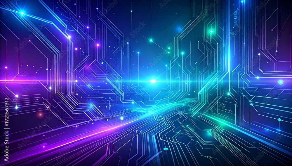 Obraz premium Abstract technology background with glowing circuit board lines and vibrant colors.