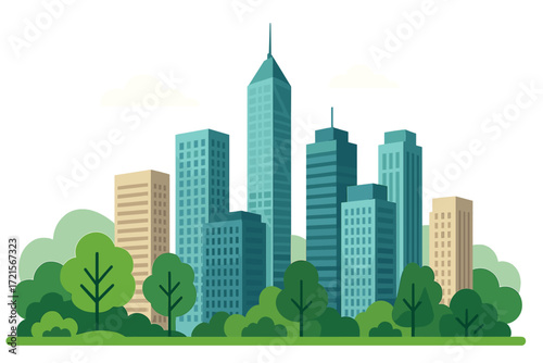 Urban skyline view of skyscrapers, office spaces, trees, nature, and architecture against the sky