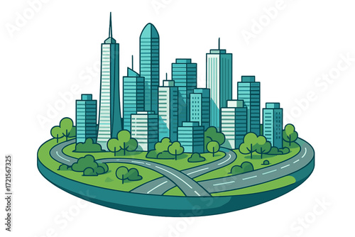 A futuristic city on a circular plate, boasting modern skyscrapers, parks, and roads