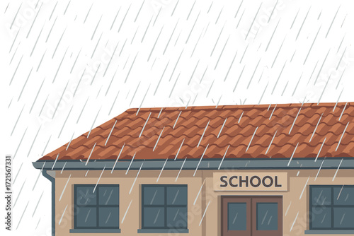 Rain pours onto the school roof tiles during a storm, forming an atmospheric outdoor rainy scene