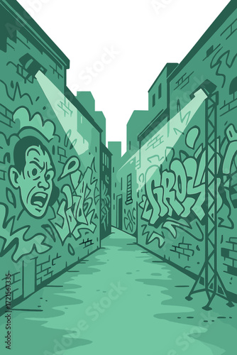 Fresh urban graffiti alley backdrop featuring strobe lights for bold street photography and inventive visual settings