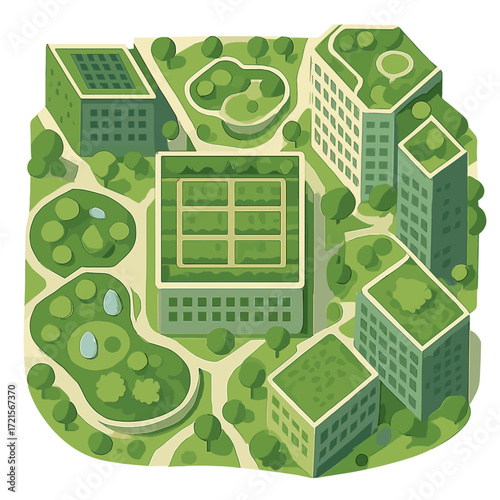A bird's-eye view of a verdant rooftop garden highlighting sustainable urban development in the city