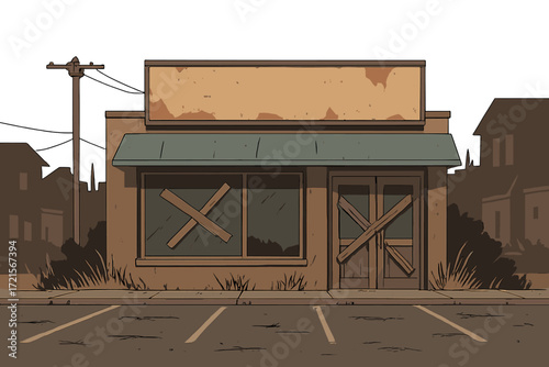 A deserted shopfront sits beside an empty parking lot in a run‑down neighborhood