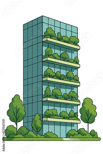 This glass office tower embodies a contemporary sustainable urbanism vision, fully integrating green landscaping with trees and shrubs into its design