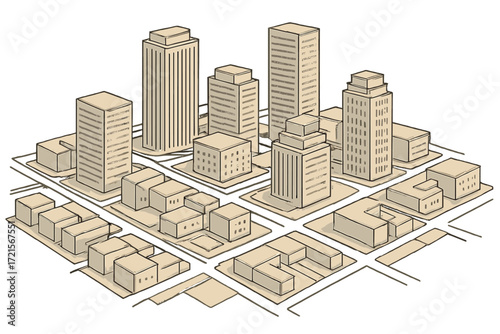 A detailed depiction of an urban model showcasing a range of high-rise and low-rise buildings