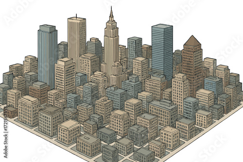 An intricate isometric depiction of a vast metropolitan area with many skyscrapers and structures