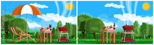 Summer outdoor picnic with barbecue grill and food ready to eat. Leisure time in garden or park. Party and celebration concept.