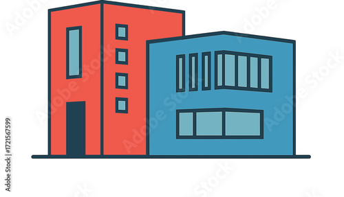 Contemporary Minimalist Design: A Red and Blue Structure Featuring Distinctive Window Patterns