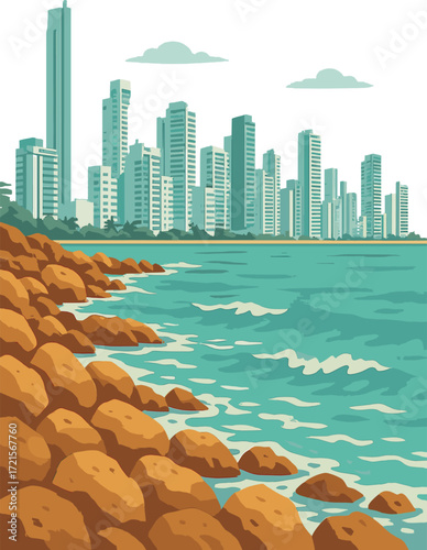 A sweeping view of Cartagena’s contemporary skyline and rugged coastline in Colombia, with Bocagrande standing out as an upscale, affluent district developed for tourism