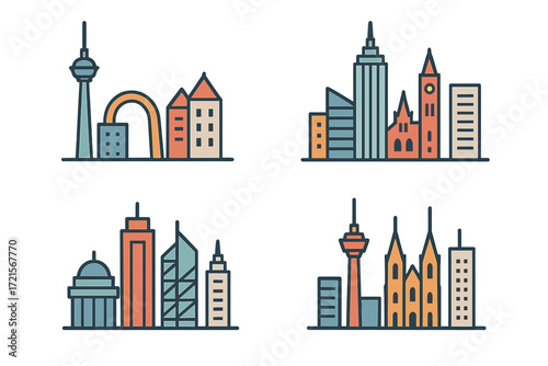 A set of contemporary city skyline icons showcasing a variety of architectural styles