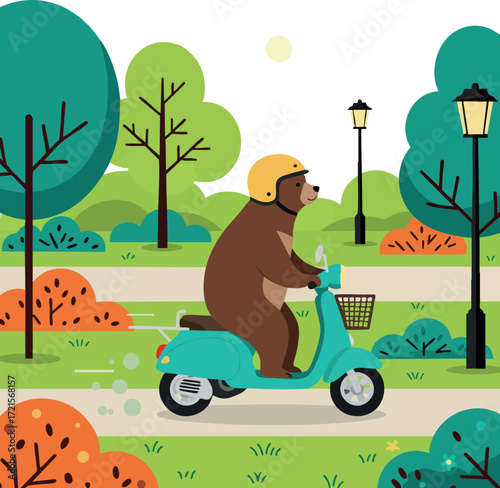 Bear riding scooter in park with colorful autumn trees and street lamps fun outdoor activity illustration