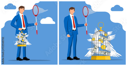 Businessman trying to catch flying money in cage with butterfly net. Financial freedom and income trap concept. Investment metaphor.
