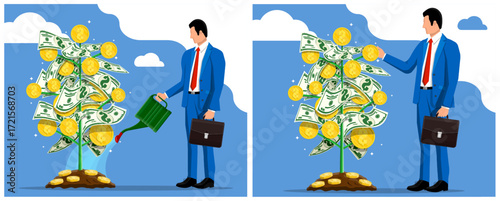 Businessman watering money tree and harvesting coin. Investment growth concept. Financial success and revenue gain.