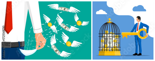 Man losing money from his pocket and businessman with key unlocking money cage. Financial crisis and investment control concept.