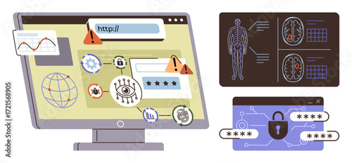 Computer displaying online threats with warning icons, biometric security, and network visuals. Ideal for cybersecurity, internet safety, online crime, data protection, privacy, technology
