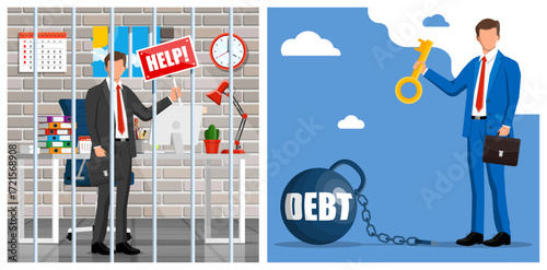 Businessman trapped in prison holding a help sign. Man holding key and escaping debt. Financial crisis concept.