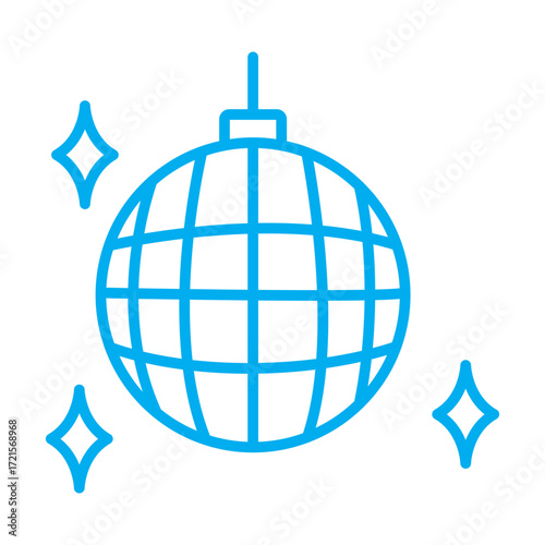 Disco Ball Icon Blue Line Art, Party Lights, Nightclub, Dance, Music, Celebration