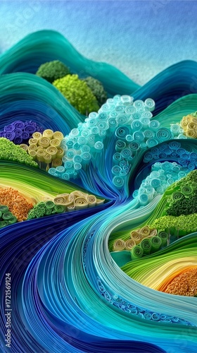 Paper quilling abstract waves of flowing ribbon-like strips in gradient shades of teal, emerald, and sky blue, curling and intertwining with fluid movement, 3D depth, intricate detail, textured layers