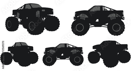 Silhouettes of powerful monster trucks and smaller pickup trucks displayed