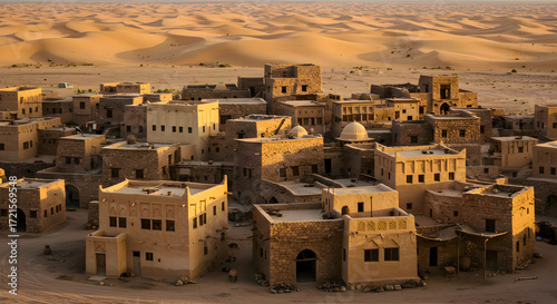 Desert Village with Tan Buildings in Sandy Landscape
