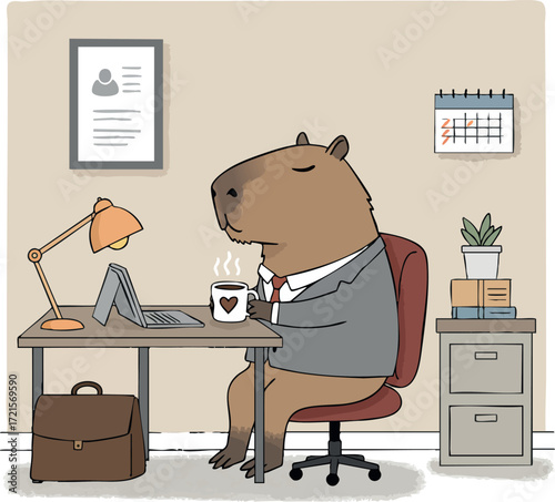 Capybara businessman working at office desk drinking coffee in professional workplace vector illustration