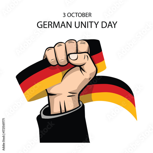 German Unity Day artwork featuring clenched fist gripping German flag ribbon, symbolizing strength, pride, and October 3 national unity