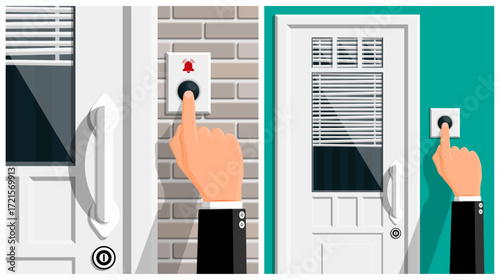 Man pressing doorbell button outside house. Visitor ringing bell for apartment entry. Flat style illustration for home security and guest arrival concept.