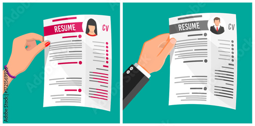 Woman and man hands holding resume and CV. Job application process, hiring, professional recruitment concept. Flat style vector set.