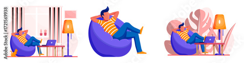 Man relaxing in beanbag chair at home. Remote work, freelance or comfortable leisure activity. Flat vector illustration.