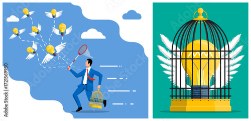 Businessman catching flying light bulbs in net. Creative idea trapped in birdcage. Innovation and freedom of thought concept.
