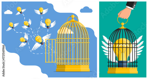 Light bulb flying free from golden cage in sky. Idea escaping from limitation. Hand holding cage with light bulb. Freedom concept.