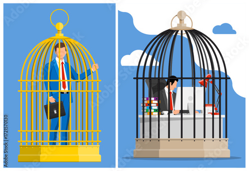 Man in golden birdcage holding briefcase and another man working in dark birdcage. Business slavery and limited freedom concept.