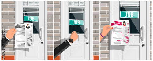 Man and woman submitting resume to job opportunity. Job search and hiring process. Door with job sign and knock.