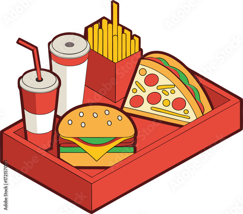 Vector art of a fast food meal on a tray, including a burger, pizza, fries, and drinks