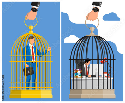Man in a golden birdcage holding a briefcase beside a man working in a black cage. Office work and career restrictions concept.