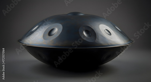 Handpan Drum Metallic Blue on Gray Background Studio Shot