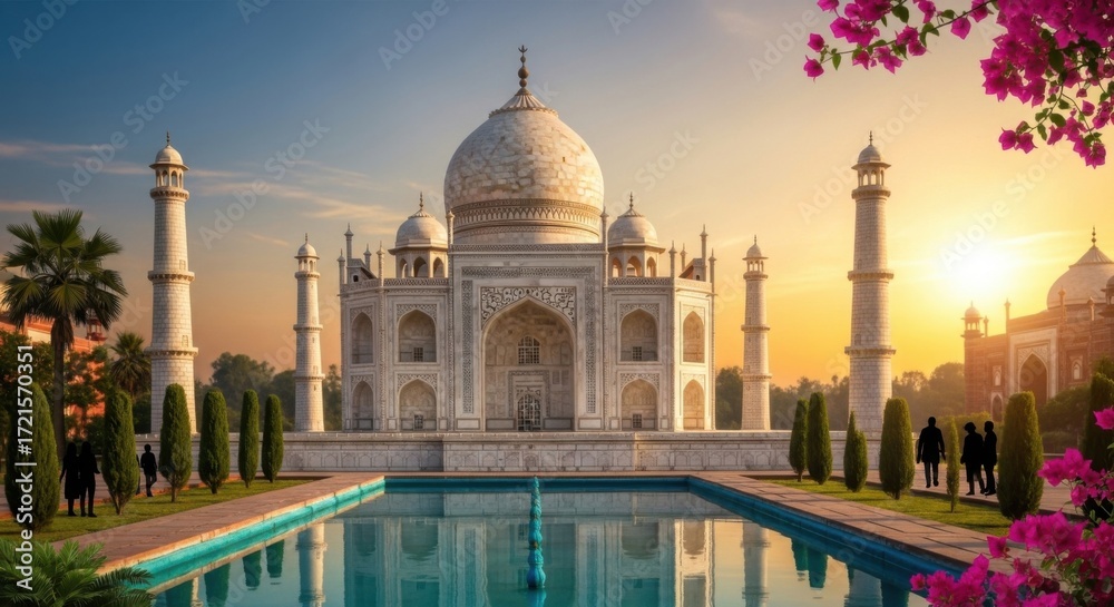 Naklejka premium White Marble Taj Mahal Architecture Sunset Scene with Pink Flowers and Water Reflection
