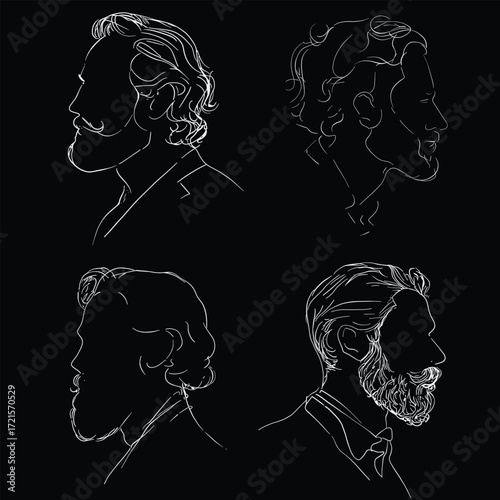 Hand drawn line art portraits of men with beard and hairstyle in profile silhouette style. Minimal vector illustration perfect for barbershop branding, fashion, logos, posters or wall art