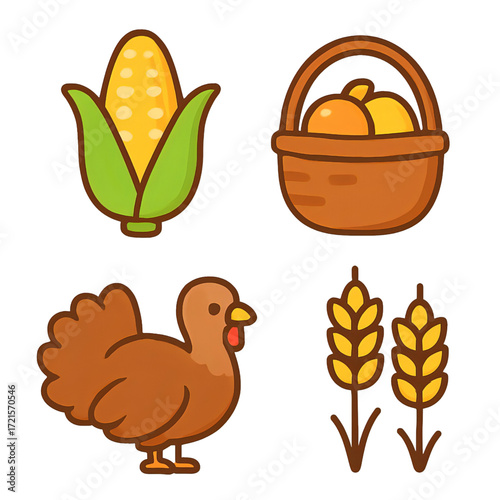 感謝祭アイコンセット（カラフルでかわいい）｜Thanksgiving Icons Set (Cute and Colorful)