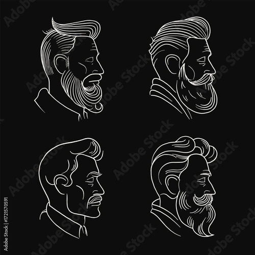 Hand drawn line art portraits of men with beard and hairstyle in profile view. Minimal vector illustration perfect for barbershop branding, fashion design, posters, wall art or logos