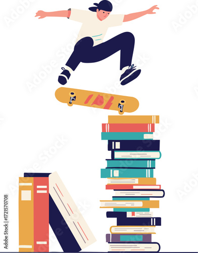 Skateboarder jumping over stack of colorful books with dynamic motion and youthful energy vector illustration