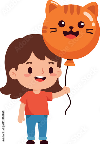 Girl holding orange cat face balloon smiling happily in casual clothes vector illustration