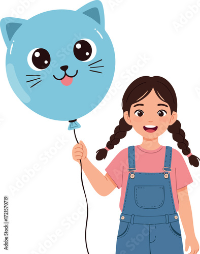 Cute girl holding blue cat face balloon smiling happily in casual outfit vector illustration
