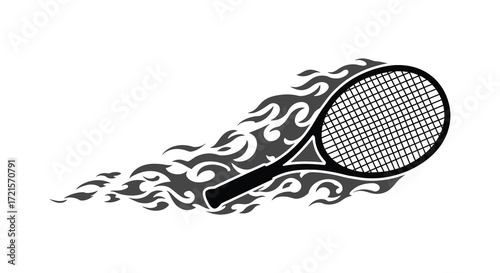 Fiery tennis racket illustration with dynamic flames and strong visual impact