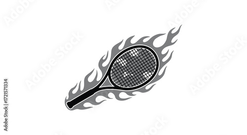 Fiery tennis racket graphic design with flames on a white background