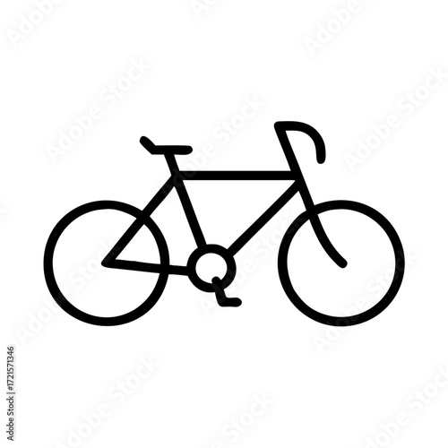 Simple line drawing of a bicycle, showcasing its essential features, including wheels, handlebars, and frame, representing the concept of cycling and transportation