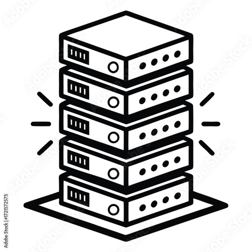 Black and white data server tower with blinking lights isolated on white background